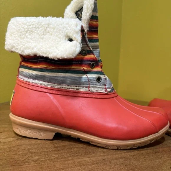 Pendleton US 8 Red Striped Roll-Top Faux Fur Lined Weather Duck Boots No Laces - Picture 8 of 12